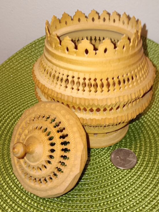 Other - German Hand-Carved Pierced Wood Filigree Lidded Trinket Jar, VTG c. 1970s,